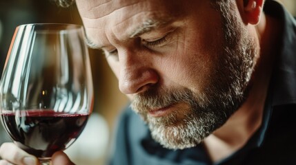 Pensive man thoughtfully examines his red wine contemplating life with soft focused