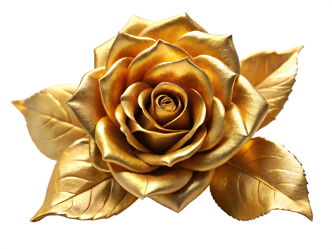 A close up shot of a golden rose with leaves against a black background, detailed and luxurious look
