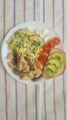 A delicious and healthy lunch or dinner is served on a plate, consisting of a slice of bread with avocado, tomatoes, mozzarella, salad, chicken, and mushrooms on a colorful tablecloth .