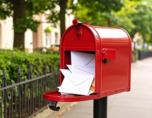 Red Mailbox Filled with Letters and Envelopes