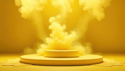 A yellow two level circular platform with a cloud or smoke effect that fills the background and the upper part of the stage. The composition creates a sense of presentation or show.