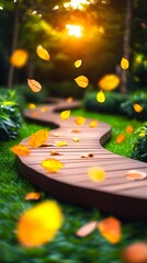 Autumn leaves fall on garden path sunset