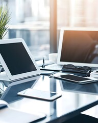 Desk with a laptop, tablet, and cell phone