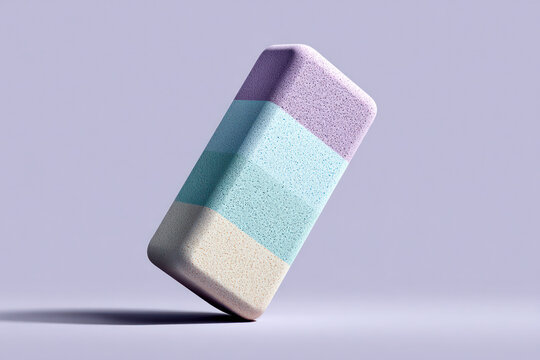 A vibrant multicolored eraser hovers above a soft, plain background, highlighting its unique design and texture