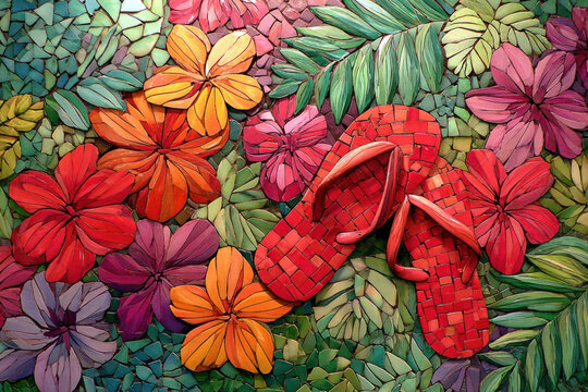 Colorful mosaic art showcases red flip flops, tropical flowers, and green leaves for a cheerful vibe