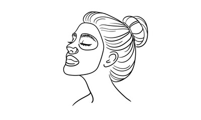 Girl applying moisturizing sheet mask on face, in profile, continious line drawing. Spa salon, body care, beauty routine outline. Vector illustration
