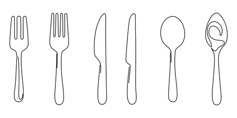 Fork and knife in one continuous line in color. One line drawing, minimalism. Vector illustration, Spoon, fork and knife in continuous line drawing style. Line art silhouette of cutlery vector 