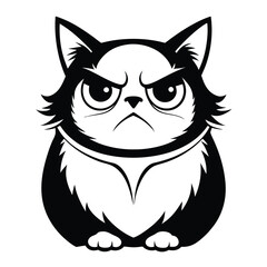Black and White Vector Illustration of a Grumpy Cat with Angered Facial Expression, Perfect for Stickers and Graphic Design Projects
