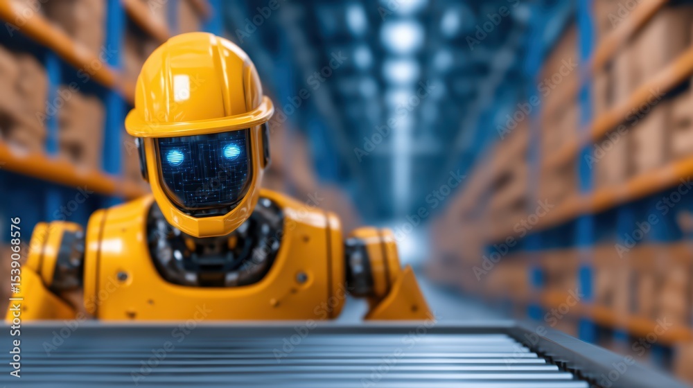 Poster robotic worker in industrial warehouse operating conveyor system with high-tech features and efficie