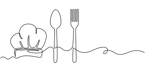 Fork, knife, spoon with plate and chef's cap continuous one line drawing, One single line drawing of chef hat or cap with fork and spoon for restaurant vector graphic illustration. Elegant cafe badge
