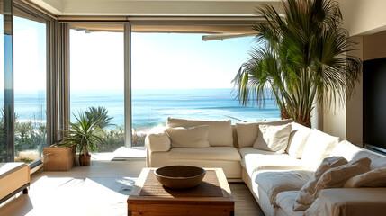 Fototapeta premium Bright and airy small apartment features a cozy seating area with stunning views of the ocean and lush plants in a coastal setting