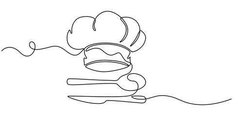 Fork, knife, spoon with plate and chef's cap continuous one line drawing, One single line drawing of chef hat or cap with fork and spoon for restaurant vector graphic illustration. Elegant cafe badge