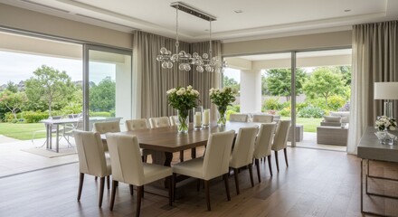 Obraz premium Contemporary dining room opens to garden