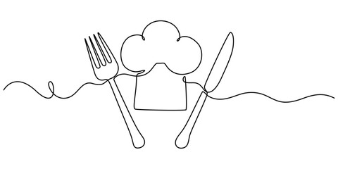 Fork, knife, spoon with plate and chef's cap continuous one line drawing, One single line drawing of chef hat or cap with fork and spoon for restaurant vector graphic illustration. Elegant cafe badge