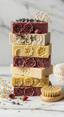 Stack of Artisan Soaps with Dried Flowers and Brush on White Marble