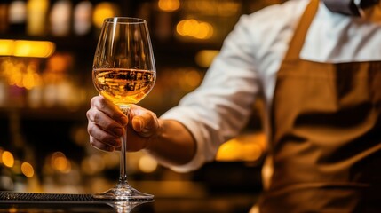 A bartender s elegant toast with golden wine under ambient lights at a cozy bar setting