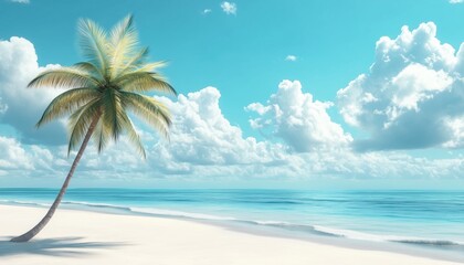 Obraz premium Stunning Palm Tree On Desolate Island Beach With Blue Sky, White Clouds, And Turquoise Ocean In Sunshine: Ideal Summer Vacation Spot