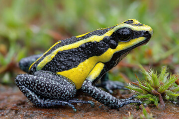 Fototapeta premium A vibrant frog with black and yellow stripes sits on moist soil amid lush green plants in a rainforest