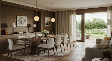 Elegant dining room with garden view
