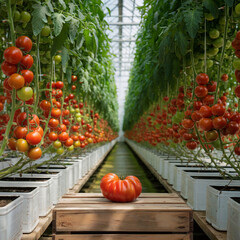 Rows of cherry tomatoes growing in a modern greenhouse on suspended vines. Bright natural light enhances red, orange, and green fruits. Clean, organized hydroponic farming environment. High-yield toma