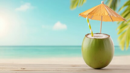 Refreshing Coconut Drink with Umbrella on Tropical Beach Background