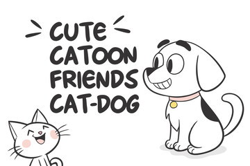 Cute cartoon cat and dog friends minimalist vector illustration