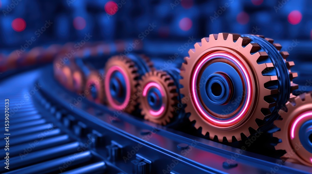 Poster close-up view of interlocking gears creating motion in a high-tech industrial setting with glowing h