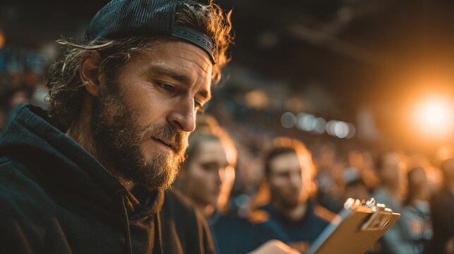 Focused individual carefully reviewing notes in a dynamic environment filled with eager spectators during an indoor event as warm lights illuminate the atmosphere