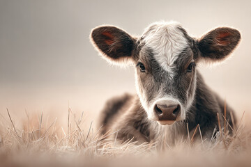 A young calf lies peacefully on soft grass in a tranquil pasture as the sun sets, surrounded by a rural landscape
