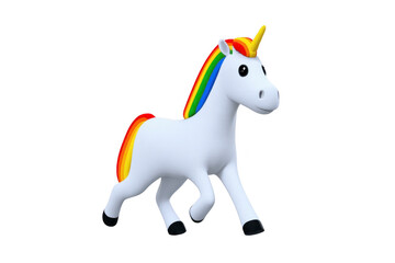 Cute, colorful unicorn with rainbow mane and tail stands against transparency background, exuding playful and magical vibe. Its vibrant colors and whimsical design make it enchanting