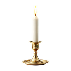 Brass candlestick holder with white taper candle, isolated on transparent background