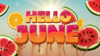 Vibrant "hello june" watermelon and citrus graphic with sunburst background