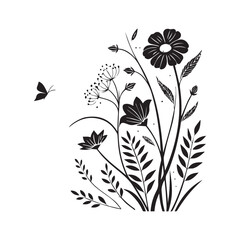 Elegant Black and White Floral Design with Butterfly