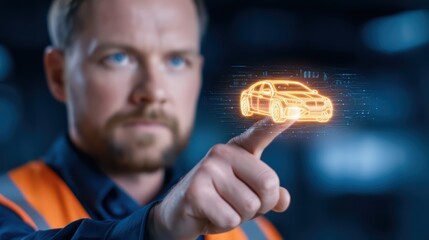 Professional Engineer Interacting with Holographic Car Concept in Modern Tech Environment