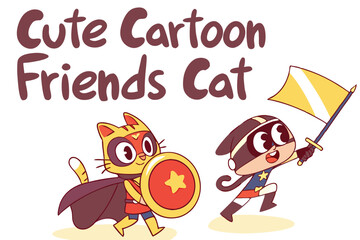 Cute cartoon cat friends in bold stencil font