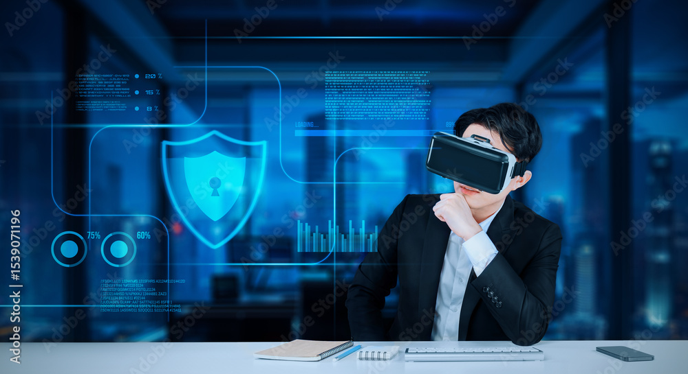 Poster smart business man with goggles working while using security protection. manager with formal suit ch