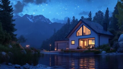 Modern cozy riverside house with garage, mountain backdrop, and warm window light on a starry summer night - Powered by Adobe
