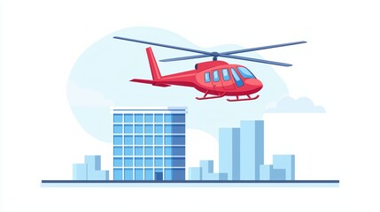 Naklejka premium Red Helicopter Flying Over Urban Landscape with Modern Skyscrapers and Clear Blue Sky