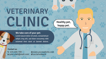 Veterinary Clinic Advertisement Template - Logotype, Illustrations of White Man Doctor, Dog, White Cat Head and Paw on Footprint Background. Blue Layout.