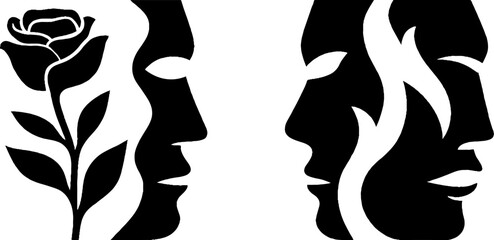 Minimalist abstract faces with rose and flame elements for modern design