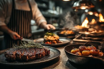 Sizzling flavors come to life in an upscale kitchen with expertly prepared dishes showcasing culinary artistry and passion during evening service hours