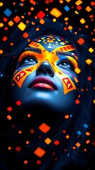 Vibrant face paint, dark hair, glowing background