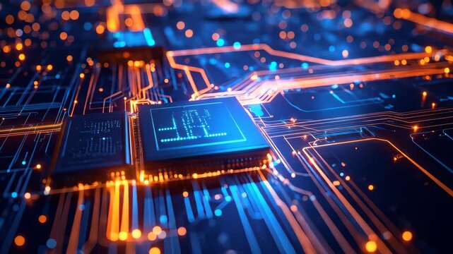 Electronic circuit board featuring illuminated components shows digital communication Bright blue and orange pathways suggest technological advancement modern design intricate patterns A visual repres