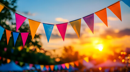 Colorful bunting at outdoor festival with blurred crowd and sunset