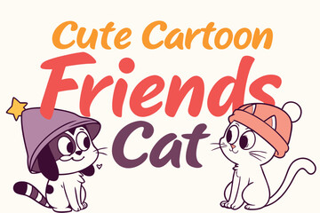 Cute cartoon cat friends in retro 80s style