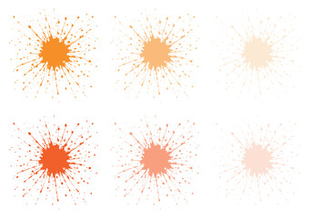 Six orange paint splatters arranged in two rows, featuring varying shades from light to dark, set against a white background.