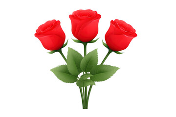 Three vibrant red roses with lush green leaves create romantic and elegant bouquet, perfect for expressing love and admiration