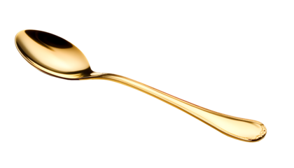 Isolated gold spoon on a white png background with smooth shadows. Useful for luxury branding, food, or elegant design projects. no people, silverware, cut out, dining, horizontal, shiny, restaurant.
