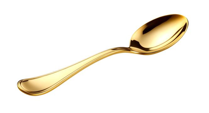 Isolated gold spoon on a white png background with smooth shadows. Useful for luxury branding, food, or elegant design projects. no people, silverware, cut out, dining, horizontal, shiny, restaurant.
