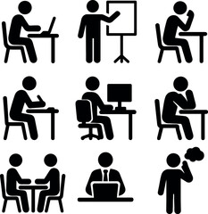 Black pictogram icons of workers thinking, typing, writing, and meeting. Ideal for business and productivity visuals.